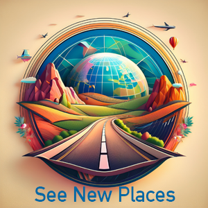 Planes boats and other modes of travel around a picture of a globe and a road going through mountains